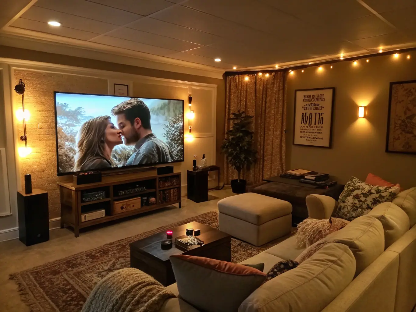 A high-resolution image of a modern living room transformed into a home theater, featuring a large screen displaying a vibrant movie scene, comfortable seating, and ambient lighting to enhance the viewing experience. The focus is on creating an immersive and cinematic atmosphere.