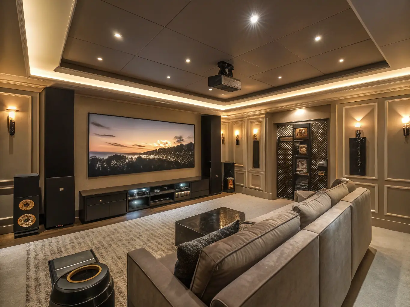 A detailed image showcasing a state-of-the-art surround sound system in a home theater setup, highlighting the various speakers and their placement for optimal audio immersion. The focus is on the technology and design that deliver a rich and dynamic sound experience.