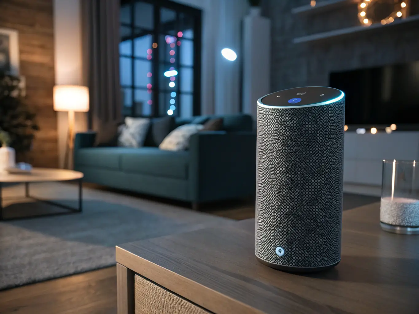 An image of a smart remote control and a voice-activated assistant device in a home theater setting, emphasizing the convenience and ease of use of modern home entertainment systems. The focus is on the seamless integration and control of various devices.